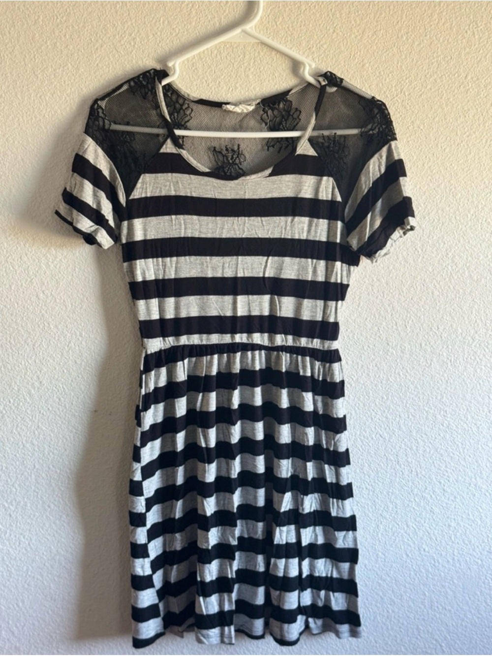 Black and Gray Striped Lace Yoke Women's Dress